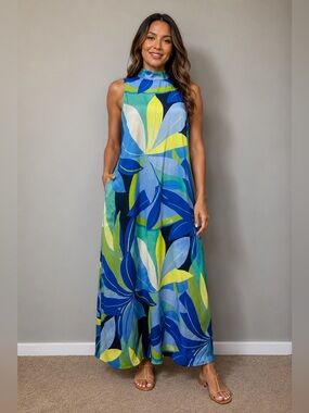 NICOLE MILLER Blue Green Floral Sleeveless Maxi Dress Built In Lining Pockets L